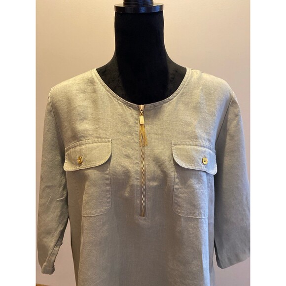 Ellen Tracy Blouse 100% Linen Sz Large Gray Green Top Tunic Front Pockets Hi Low - Picture 2 of 11
